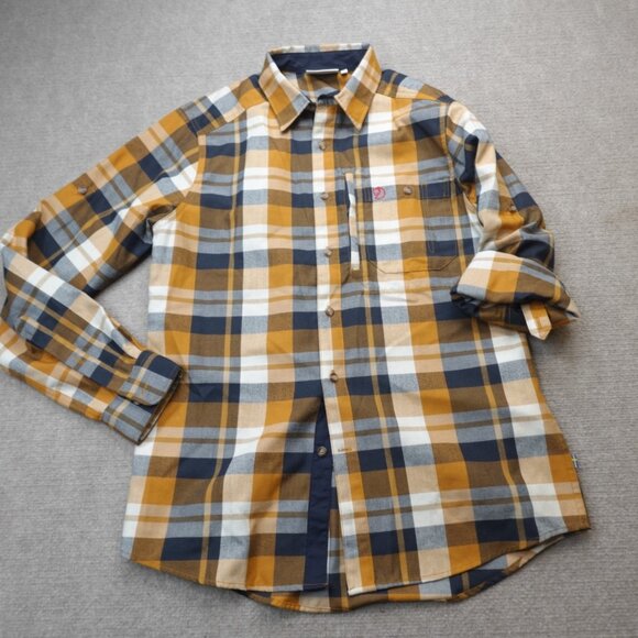 Fjallraven Mens Shirt Medium Yellow Beige Plaid Fjallglim Tab Sleves - Picture 1 of 9